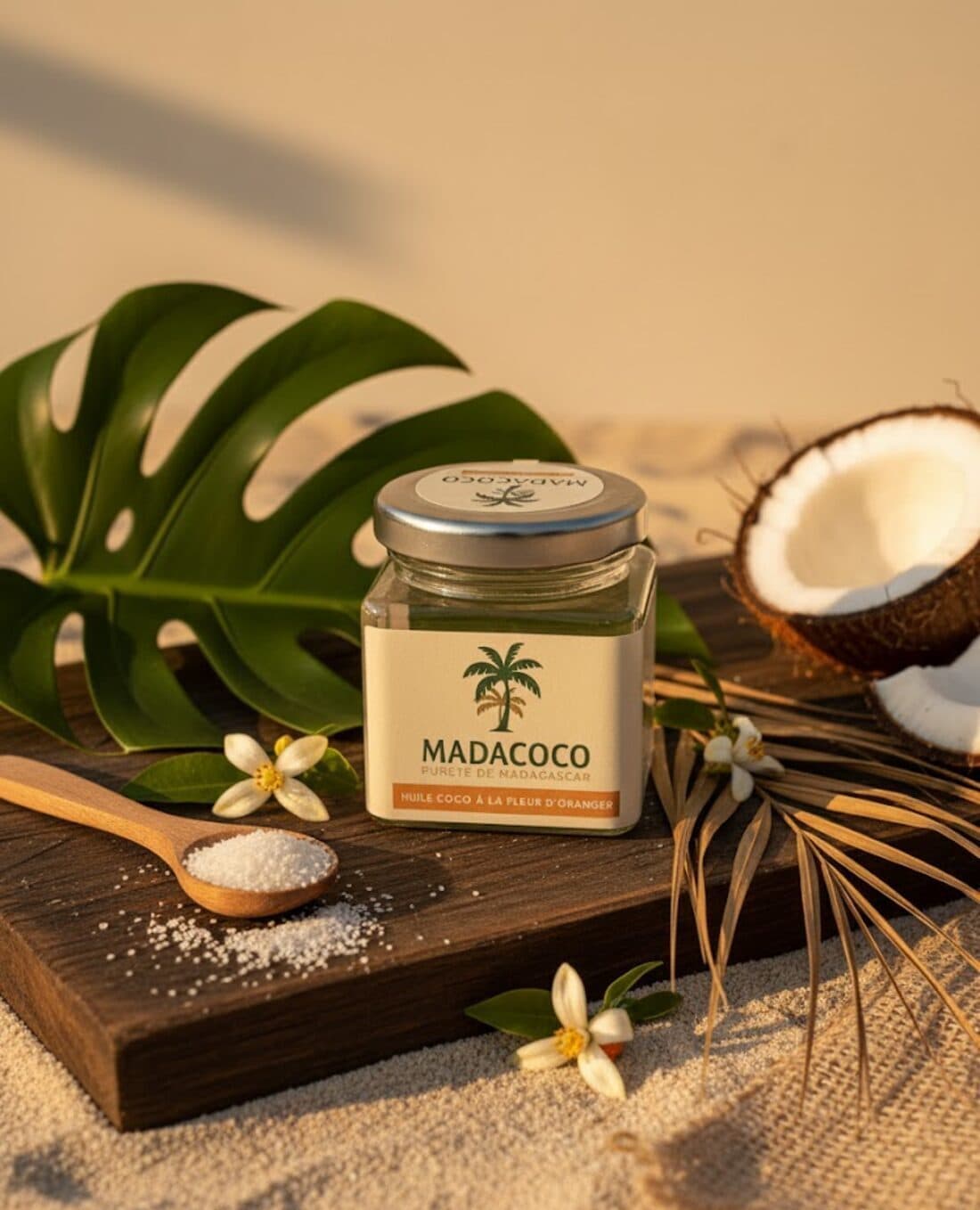 Bocal d’huile de coco Madacoco à la fleur d’oranger, posé sur une planche de bois avec une noix de coco ouverte et des fleurs d’oranger.